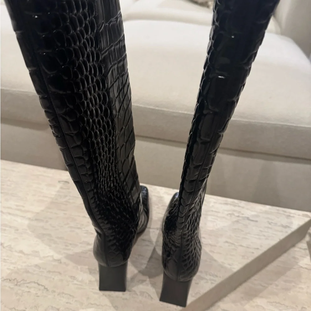 Brand New Reformation River Black Croc-Embossed Knee-High Boots